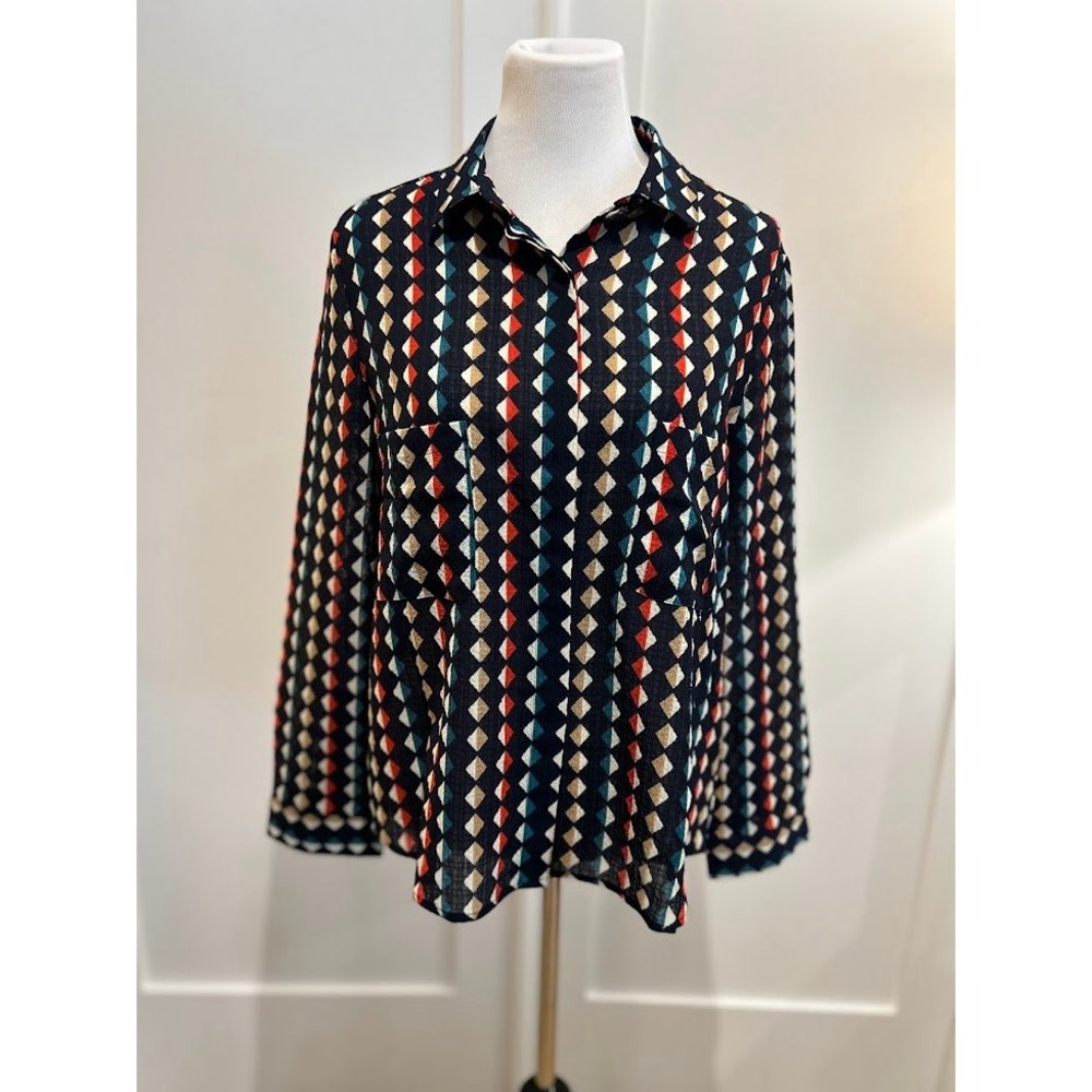 Tulip & B Women's Geometric Print Long Sleeve‎ Button Down Shirt Top Size L